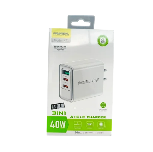 Cod. 263 Cargador de pared Pavareal K71 3EN1 (1*USB-A + 2*USB-C) 40W (Carga r&aacute;pida) / incl. Cable USB-C