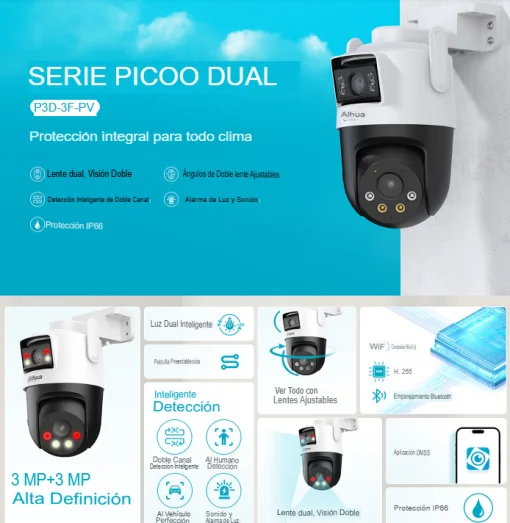 Cod. 371 Cámara Smart Exterior 360° DAHUA Picoo Dual 2K D1 3MP+3MP / Wi-Fi 6 / Vista Nocturna Dual Ligth (40m IR) / Detección humana/vehículo IA / 6*modos patrulla / Alarma (Luz y sonido) / Seg. automát. / Audio bidireccional / Soporta microSD (hasta 256G