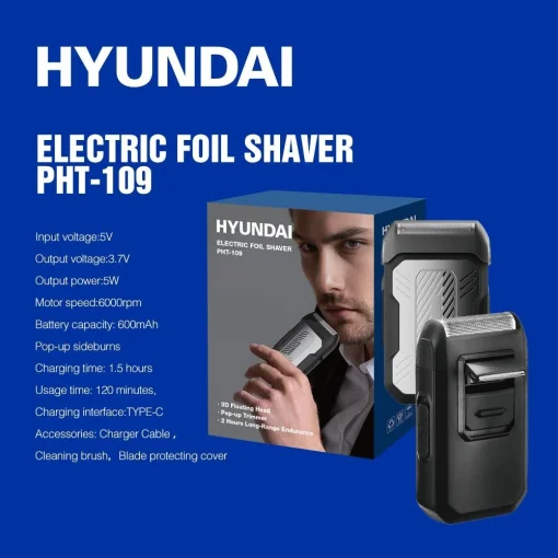 Cod. C:1042 Afeitadora Portátil Hyundai PHT -109 / 5w / Bat. 600 MAH Usb-C / Carga 1.5H / Uso 120 Min / 6000RPM / Negro