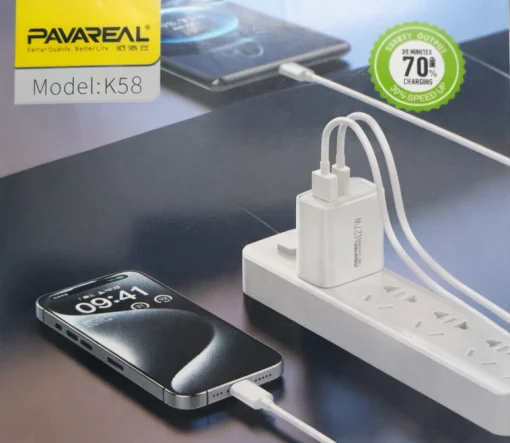 Cod. C:276 Cargador de pared Pavareal K58 de 27W (Carga r&aacute;pida) / 2*Puertos, DC 5V/3A (1*USB-A + 1*USB-C)
