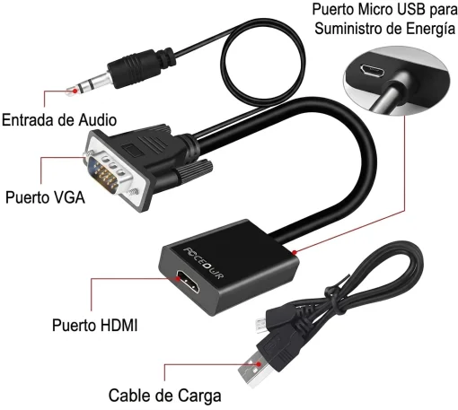 Cod. 480 Adaptador VGA a HDMI Full HD (1080p) con Audio 3.5mm. / Plug &amp; Play