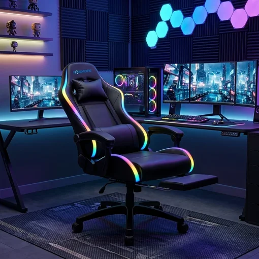 Cod. 1178 Silla Gamer Potenzza RGB Black / Iluminaci&oacute;n RGB / Almohada cabeza y zona lumbar / reclinable 120&ordm; / Rotaci&oacute;n 360&deg; / Reposapi&eacute;s retr&aacute;ctil