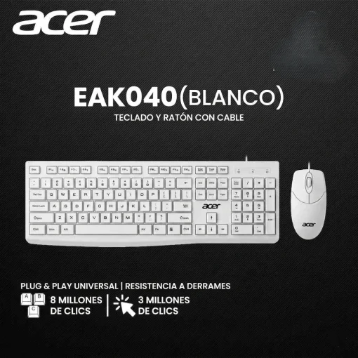 Cod. 297 Kit 2en1 ACER EAK040 / Teclado Espa&ntilde;ol + Mouse &oacute;ptico 1200DPI, 3 botones / F. Multimedia / USB, Cable 1.4 m