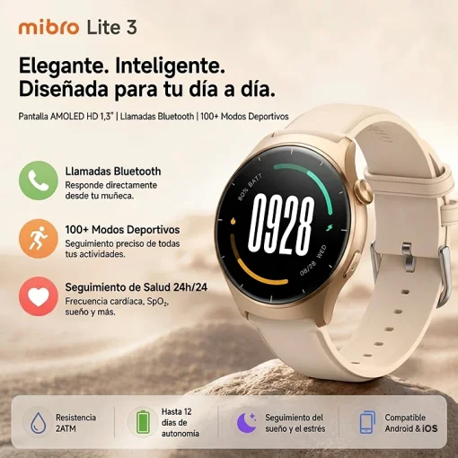 Cod. 1201 SmartWatch Mibro Lite 3 (Gold) / AMOLED HD 1.3" 60FPS / LLamadas Bluetooth V5.3 / Monitoreo de Salud 24/7: (ritmo card&iacute;aco, SpO2, estr&eacute;s y sue&ntilde;o) / Resistente al agua (2ATM) / Bat. 300mAh (12 d&iacute;as) / 100+ modos deportivos