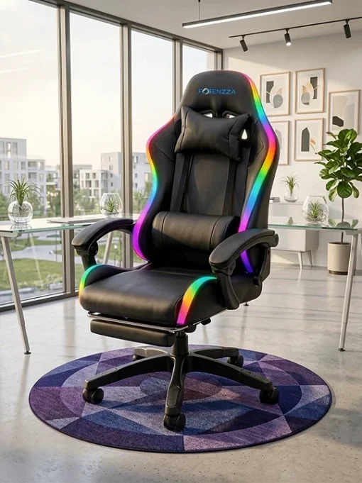 Cod. 1178 Silla Gamer Potenzza RGB Black / Iluminaci&oacute;n RGB / Almohada cabeza y zona lumbar / reclinable 120&ordm; / Rotaci&oacute;n 360&deg; / Reposapi&eacute;s retr&aacute;ctil