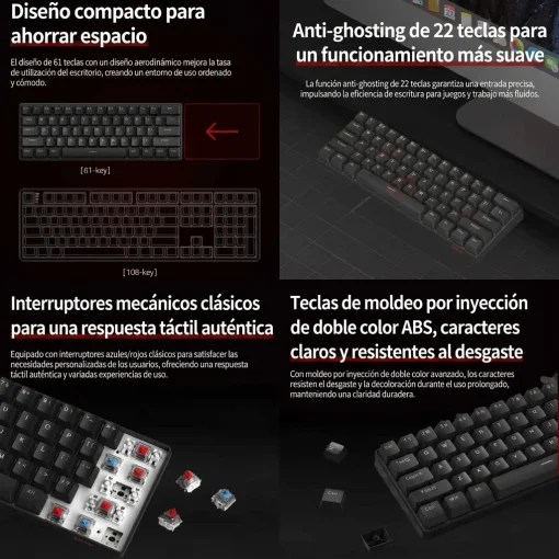 Cod. 300  Teclado Mec&aacute;nico ACER OKW239 / Switch rojo / Formato 60% Compacto / iluminaci&oacute;n RGB Arco&iacute;ris / Anti-ghosting / Cable Removible USB / 61 teclas Espa&ntilde;ol