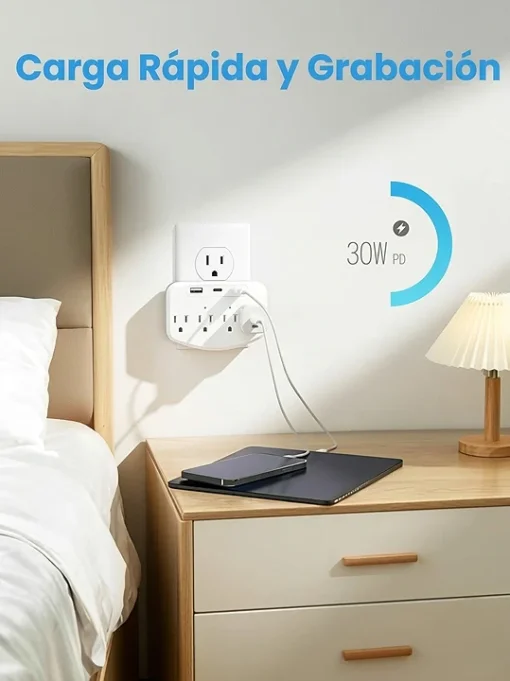 Cod. 413 Mini C&aacute;maras Kestanlora Full HD 1080p Wi-Fi / Formato en toma de pared / Det. Movimiento / Soporta: Micro SD / control con APP / 4*Enchufes CA + 2*USB-A + 1*USB-C (PD) 30W