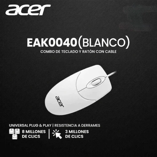 Cod. 297 Kit 2en1 ACER EAK040 / Teclado Espa&ntilde;ol + Mouse &oacute;ptico 1200DPI, 3 botones / F. Multimedia / USB, Cable 1.4 m