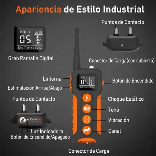 Cod. 1184 Collar de Entrenamiento P/Perros PD 518-1 Orange / Recargable, Impermeable IPX7 / 3*Modos (Sonido, Vibraci&oacute;n, Choque) / Con Control Remoto y Pantalla LCD