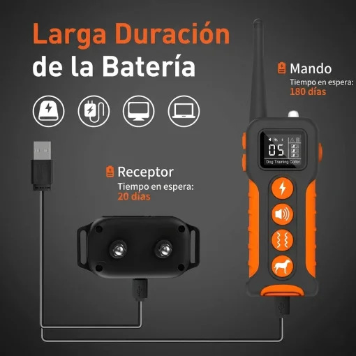 Cod. 1184 Collar de Entrenamiento P/Perros PD 518-1 Orange / Recargable, Impermeable IPX7 / 3*Modos (Sonido, Vibraci&oacute;n, Choque) / Con Control Remoto y Pantalla LCD