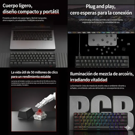 Cod. 300  Teclado Mec&aacute;nico ACER OKW239 / Switch rojo / Formato 60% Compacto / iluminaci&oacute;n RGB Arco&iacute;ris / Anti-ghosting / Cable Removible USB / 61 teclas Espa&ntilde;ol
