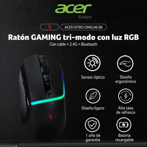Cod. 299 Mouse Gaming ACER NITRO OMR246 / Tri-modo Wireless (2.4G &amp; BT 5.0) + cable / 7200 DPI / RGB din&aacute;mico / 6 botones / Dise&ntilde;o Ergon&oacute;mico /8 ultraligero (73g) / Bat. 500mAh