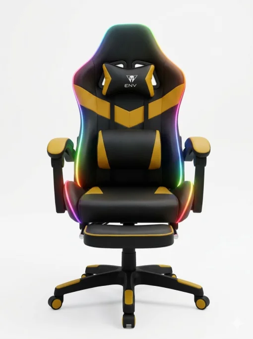 Cod. 1175 Silla Gamer ENV ThroneX Black/Gold / Iluminaci&oacute;n RGB + Altavoces / Almohada cabeza y zona lumbar / Rotaci&oacute;n 360&deg; / &nbsp;Reposapi&eacute;s retr&aacute;ctil