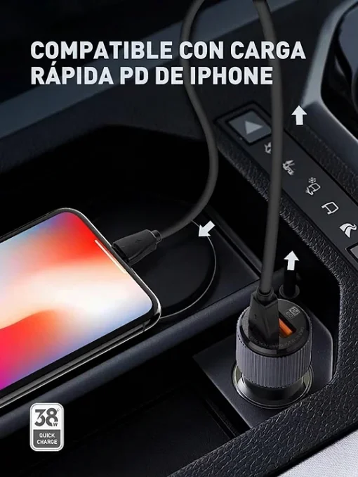 Cod. 279 Cargador P/Auto LDNIO C510Q 38W (Carga r&aacute;pida) / 2*Puertos PD + QC 3.0 ( USB-C+USB-A) / Incl. Cable USB-C, 1 m