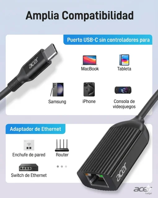 Cod. 175  Adaptador de Red ACER ODK440 / USB-C a Ethernet Gigabit / compatible con Thunderbolt 3/4 a RJ45 / Plug and Play / Carcasa de aluminio - black