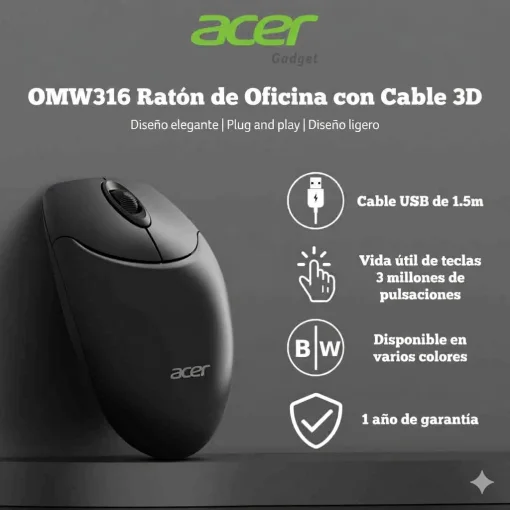 Cod. 293 Mouse ACER OMW316 Office / 3 botones / &Oacute;ptico 1200DPI / ergon&oacute;mico / Plug &amp; Play / Cable 1.5 m, USB / Negro