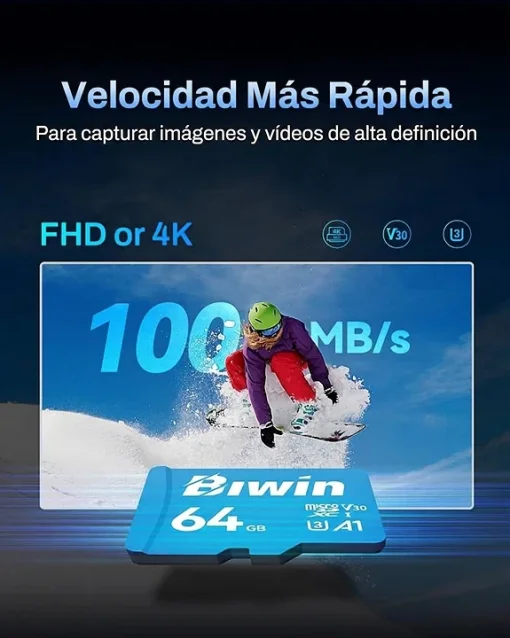 Cod. 317 Micro SD Biwin MS100 64GB&nbsp;/ Clase10, UHS-I, U3, V30, A1 / Up to 100MB/s / P/Drones, Videojuegos, C&aacute;maras Video grabaci&oacute;n 4K UHD