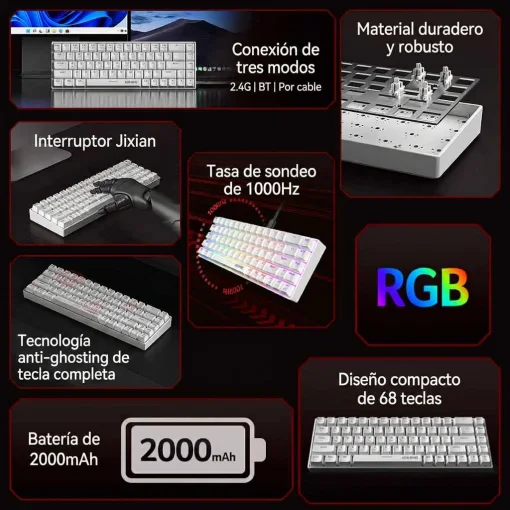 Cod. 301 Teclado Mec&aacute;nico ACER NITRO OKR252 SP WT / Tri-modo: (Wireless 2.4G + BT &amp; cableado) / Switch Rojo / Iluminaci&oacute;n RGB (modos Din&aacute;micos) / Bat. 2000 mAh / 68 teclas, Espa&ntilde;ol