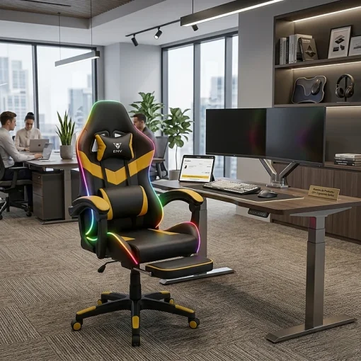 Cod. 1175 Silla Gamer ENV ThroneX Black/Gold / Iluminaci&oacute;n RGB + Altavoces / Almohada cabeza y zona lumbar / Rotaci&oacute;n 360&deg; / &nbsp;Reposapi&eacute;s retr&aacute;ctil