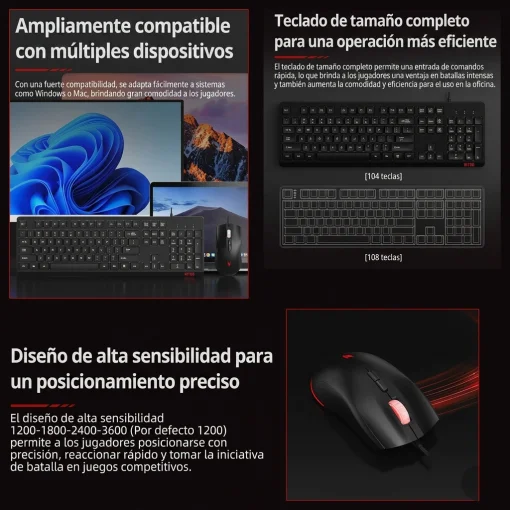 Cod. 299 Kit 2en1 ACER NITRO OCC311 / Teclado Espa&ntilde;ol + Mouse &oacute;ptico 3600DPI, 7 botones / iluminaci&oacute;n RGB Arco&iacute;ris / Silencioso / USB, Cable 1.5 m