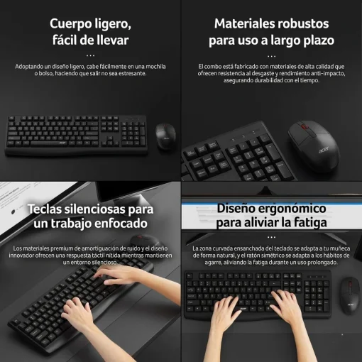 Cod. 298 Kit 2en1 ACER Wireless OCC309 BK / Teclado Espa&ntilde;ol + Mouse &oacute;ptico 1600DPI, 4 botones / 2.4GHz / F. Multimedia / Ergon&oacute;mico