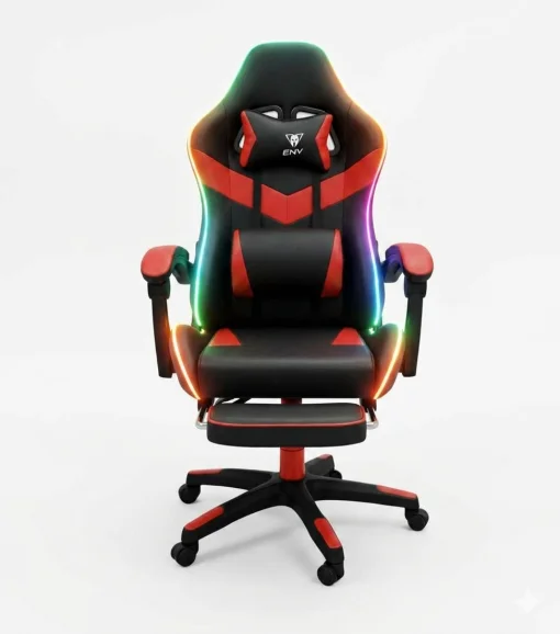 Cod. 1192 Silla Gamer ENV ThroneX Black/Red / Iluminaci&oacute;n RGB + Altavoces / Almohada cabeza y zona lumbar / Rotaci&oacute;n 360&deg; / Reposapi&eacute;s retr&aacute;ctil