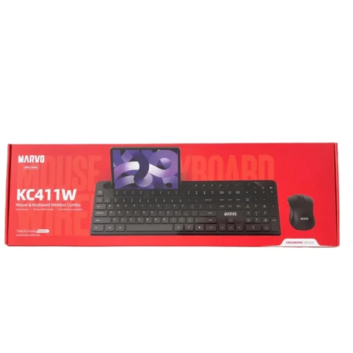 Cod. M:231 Kit Marvo Wireless KC411W, Teclado + Mouse óptico 1600DPI, 6 botones / 2.4GHz / Silencioso / Ergonómico / Soporte P/Móvil o tablet / Español