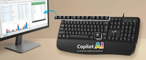 Cod. 302 eclado Genius KB-123 / Tecla AI Copilot / reposamu&ntilde;ecas / 12 Teclas FN Multimedia / Resistente a derrames de l&iacute;quidos / USB, cable 1.5m / Espa&ntilde;ol