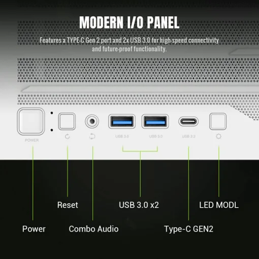 Cod. 393 Leader 2 WH / E-ATX, ATX, M-ATX, ITX / 2*USB3.1, 1*USB-C, 1*Audio Combinado / LAT. VIDRIO TEMPL. FRONTAL MALLA METAL CONTROLADOR ARGB PWM AURA Sync/ 1*FAN RGB post (ya incluido), 3* FAN RGB FRONT (ya incluidos), 2* FAN Inferior (opcionales).