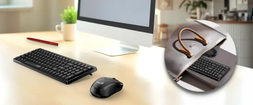 Cod. 287 Kit Genius Wireless LUXEMATE Q8100 Teclado + Mouse óptico 1200DPI, Compacto / 2.4GHz / AI Copilot / 12 teclas FN P/acceso rápido (Oficina y multimedia) / Español 