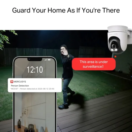 Cod. 402  C&aacute;mara Smart P/Exterior Mercusys MC510 360&ordm; 2K QHD / Detecci&oacute;n y seg. de movimientos/Personas / vista nocturna Color 24/7 / Audio bidireccional / zona de privacidad / Soporta MicroSD (hasta 512GB) / compatible: Asist. Google y Amazon Alexa.