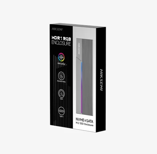 Cod. 036 Capsula HIKSEMI M.2 MDR1 P/SSD NVMe/SATA / 10Gbps / Compatible: Windows /MacOS/Linux /Android / USB 3.2 Tipo-C (Incl. cable USB-A)  / Iluminación RGB con ASUS Aura SYNC / Aluminio