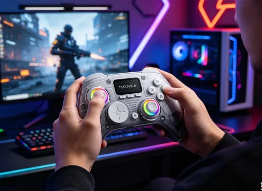 Cod. 080 Gemepad Monka Strike GT-86 / Tri-mode (Wireless 2.4G + Bluetooth&reg; 5.3 + Cable USB-C) / Bat. 1000 mAh / vibraci&oacute;n dual / Sensor de mov. 6 eje / Joysticks y gatillos efecto Hall, RGB y pantalla LCD / (M1/​​M2/N1/N2 Programables) / Compatible: PS4,