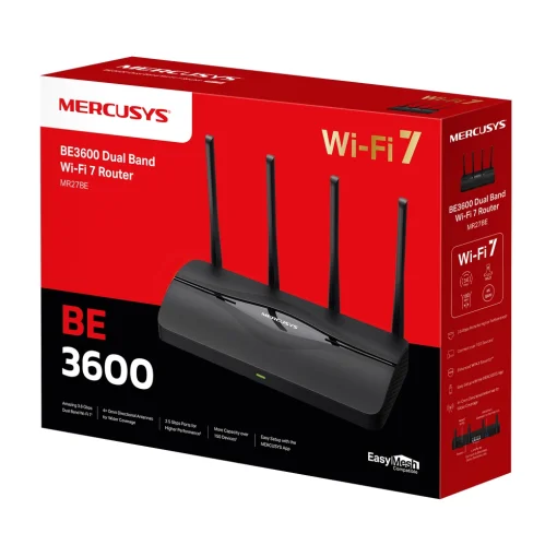 Cod. 145 Router MERCUSYS MR27BE / Wi-Fi 7 Banda Dual BE3600 / 3.6 Gbps streaming 4K/8K / 160 MHz, 4K-QAM, MLO / P/Multigigabit 2,5 G / 4 Antenas Beamforming / hasta 150 Dispostivos / EasyMesh