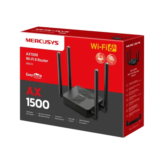 Cod. 138 Router MERCUSYS MR62X Wi-Fi 6 / AX1500 Dual Band 1.5 Gbps (1201Mbps 5GHz + 300Mbps 2.4GHz) / Puertos LAN/WAN GIGABIT / 4 Antenas Multidireccionales / OFDMA y MU-MIMO / WPA3 / control con App / Compatible con EasyMesh