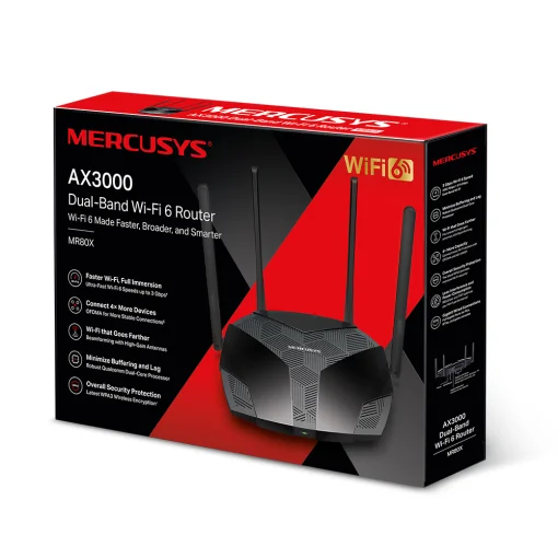 Cod. 139 Router MERCUSYS MR80X / Wi-Fi 6, Banda Dual AX3000 / 2402 Mbps (5 GHz) + 574 Mbps (2.4 GHz) / 3* P/LAN GIGABIT / 1*P/WAN GIGABIT / 4× 5 dBi Antenas fijas omnidireccionales / MU-MIMO y OFDMA