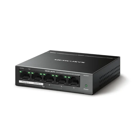 Cod. 120 Switch PoE+ Gigabit MERCUSYS MS105GP / 5 puertos 10/100/1000Mbps (4*POE+ 65W) hasta 250 m / Plug and Play / met&aacute;lico