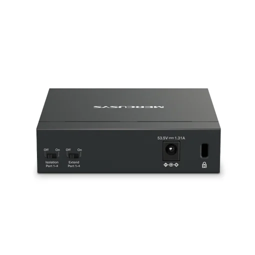 Cod. 120 Switch PoE+ Gigabit MERCUSYS MS105GP / 5 puertos 10/100/1000Mbps (4*POE+ 65W) hasta 250 m / Plug and Play / met&aacute;lico