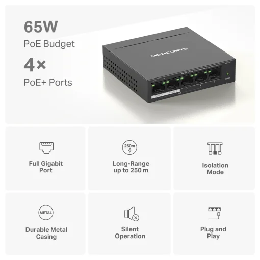 Cod. 120 Switch PoE+ Gigabit MERCUSYS MS105GP / 5 puertos 10/100/1000Mbps (4*POE+ 65W) hasta 250 m / Plug and Play / met&aacute;lico