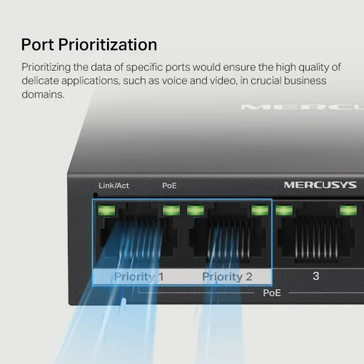 Cod. 120 Switch PoE+ Gigabit MERCUSYS MS105GP / 5 puertos 10/100/1000Mbps (4*POE+ 65W) hasta 250 m / Plug and Play / met&aacute;lico