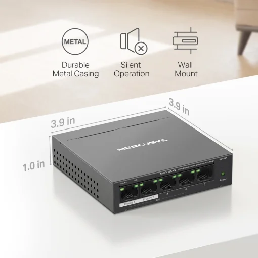 Cod. 120 Switch PoE+ Gigabit MERCUSYS MS105GP / 5 puertos 10/100/1000Mbps (4*POE+ 65W) hasta 250 m / Plug and Play / met&aacute;lico