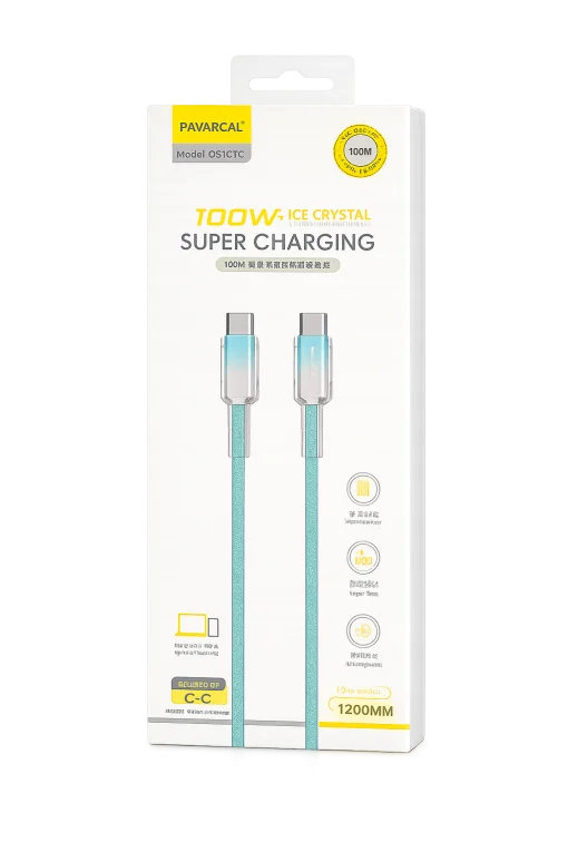 Cod. 273 Cable Pavareal Q51CTC USB-C a USB-C / 100W / 1.2 m / Cristal de hielo/Turquesa