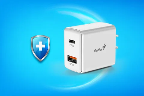 Cod. 164 Cargador de pared Genius PD-20AC 20W (Carga rápida) / dual 2*puertos 3.0 CC 5 V/3 A (1*puerto USB-A + 1*puerto USB-C) / blanco