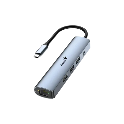 Cod. 374 Hub Multipuertos Genius UH-545 5 en 1 / Interfaz: USB-C a 1*Ethernet RJ45 (Gigabit), 3*USB-A 3.0 (datos), 1*USB-C PD (carga) / Compatible: Windows®, Mac OS, Android, Apple IOS / Plug &amp; play