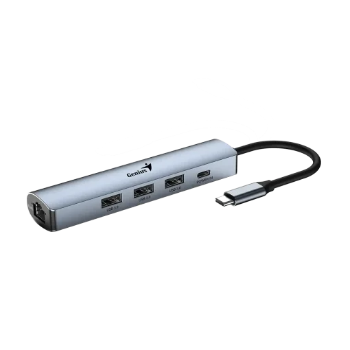 Cod. 374 Hub Multipuertos Genius UH-545 5 en 1 / Interfaz: USB-C a 1*Ethernet RJ45 (Gigabit), 3*USB-A 3.0 (datos), 1*USB-C PD (carga) / Compatible: Windows®, Mac OS, Android, Apple IOS / Plug &amp; play