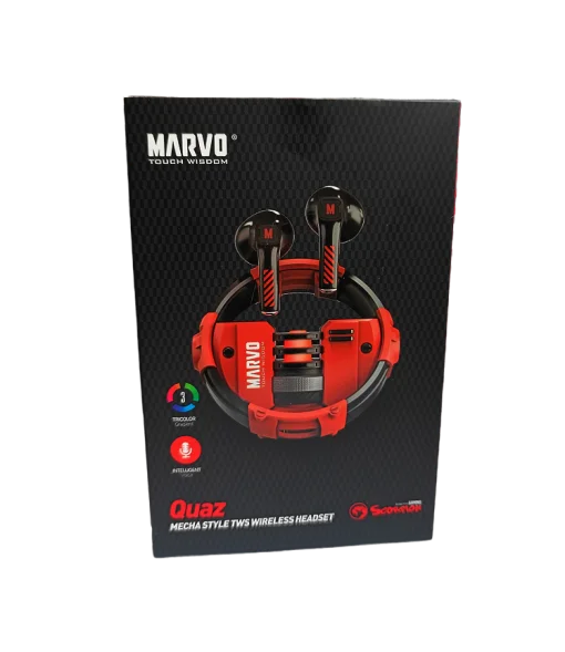 Cod. B:099  Audífonos TWS Wireless MARVO Quaz BE-889 / BT 5.3 / Touch Inteligente / LLamada HD / Anillo de Metal / Modo Dual: juegos/música / Iluminación gradiente tricolor / Base de carga 280mAh