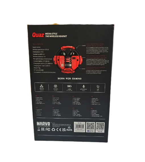 Cod. B:099  Audífonos TWS Wireless MARVO Quaz BE-889 / BT 5.3 / Touch Inteligente / LLamada HD / Anillo de Metal / Modo Dual: juegos/música / Iluminación gradiente tricolor / Base de carga 280mAh