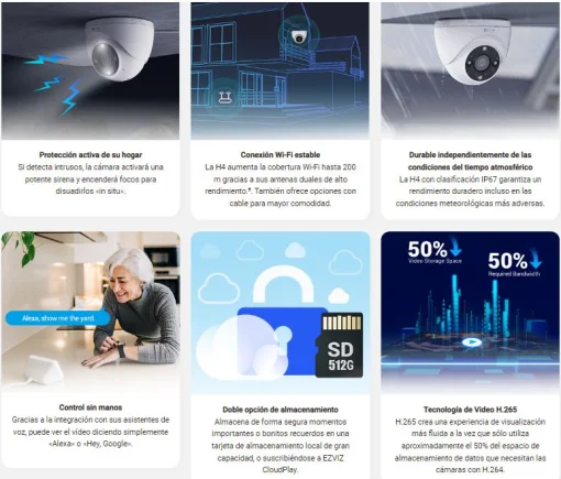 Cod. 322 Cámara Smart EZVIZ H4 Domo 3MP 2K / Visión Nocturna a Color / Detección personas/vehículos (tecnología IA) / Sirena y luz estroboscópica / Alertas personalizadas / Audio bidireccional / Almacenamiento MicroSD (hasta 512GB) / Certificación IP67 (D