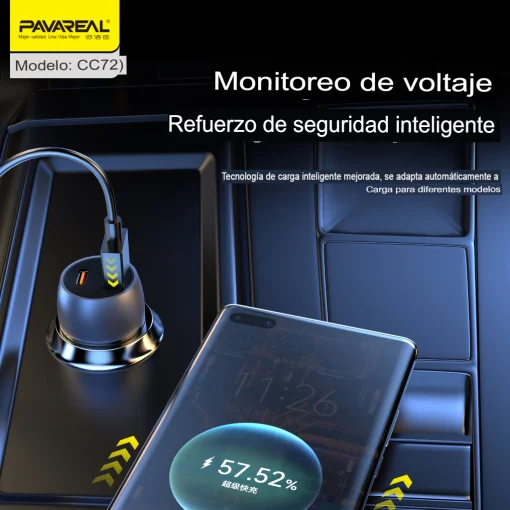 Cod. 268 Cargador P/Auto Pavareal CC72 120W Dual (Carga r&aacute;pida) / 2*Puertos PD+QC (USB-A + USB-C)