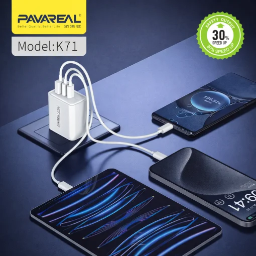 Cod. 263 Cargador de pared Pavareal K71 3EN1 (1*USB-A + 2*USB-C) 40W (Carga r&aacute;pida) / incl. Cable USB-C